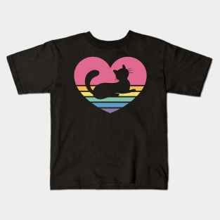 Retro Vintage Sunset Rainbow Heart Cat Kids T-Shirt